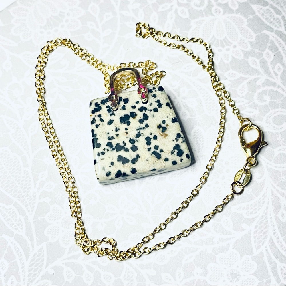 New Artisan 14k Gold Lady Christian Dior Dalmatian Jasper Handbag Necklace - Picture 7 of 17